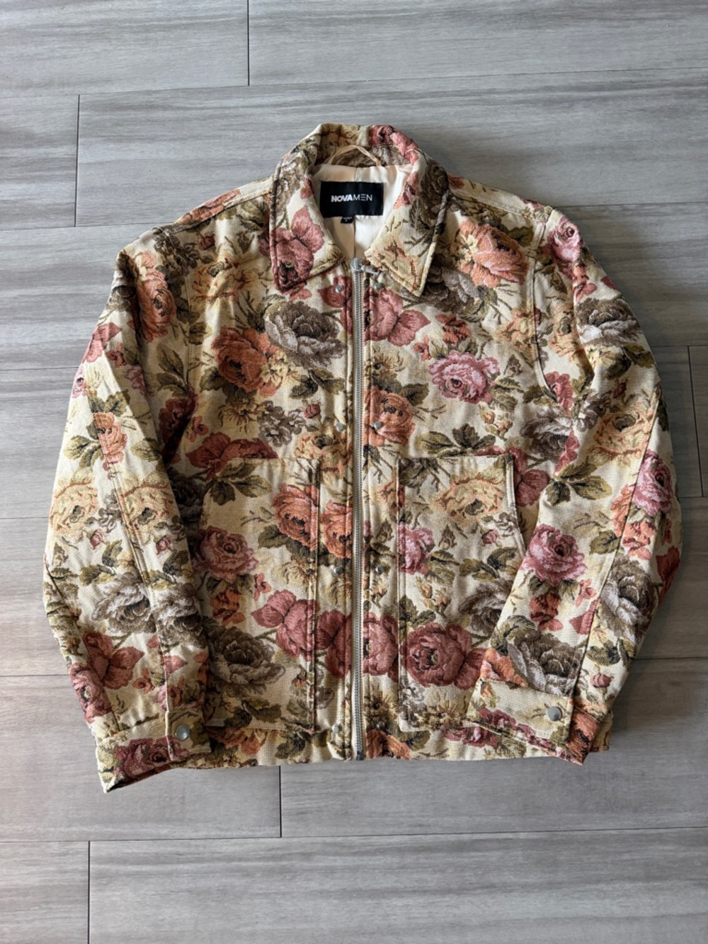 Floral Quilted Zip-Front Jacket in Cream & Rose(Large)